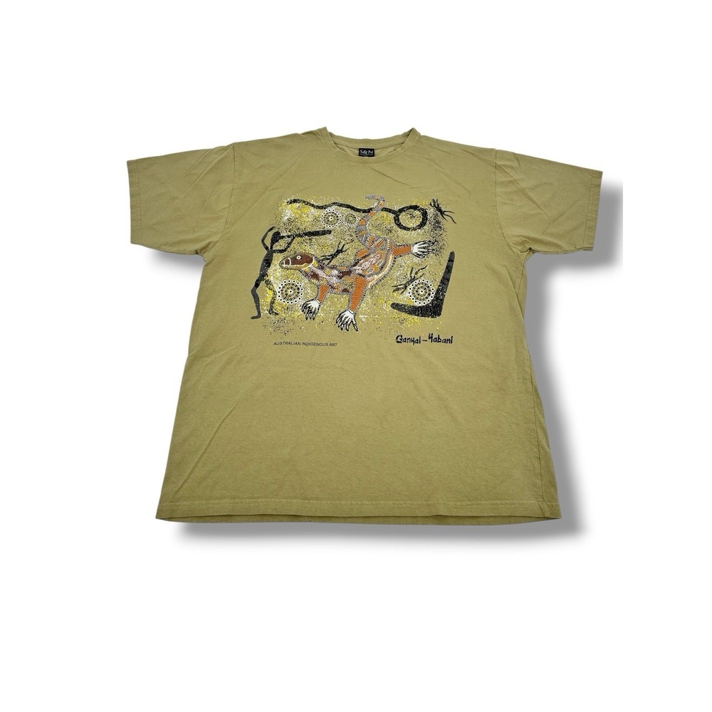 S&N Creations Australian Indigenous Art T Shirt XL Khaki Graphic Tee Boho Tribal